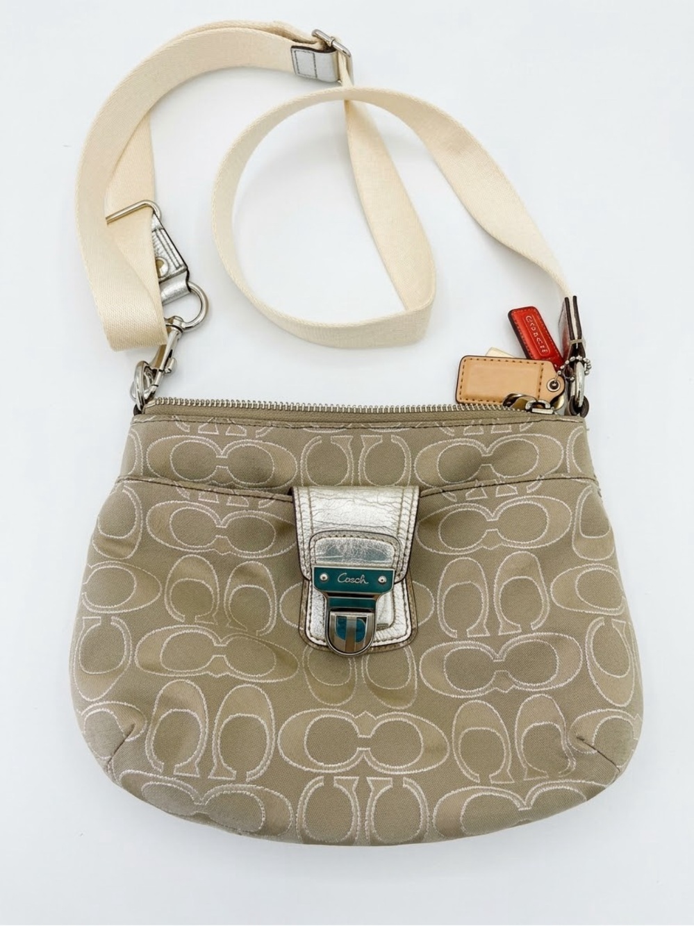 Coach Taupe Signature Crossbody with Cream Strap. Approx 9”x11”